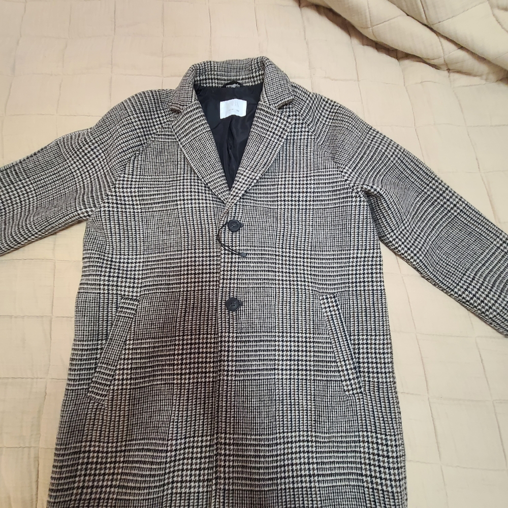 Zara Boy's Black, White, Brown Plaid Trench Coat Size 11-12